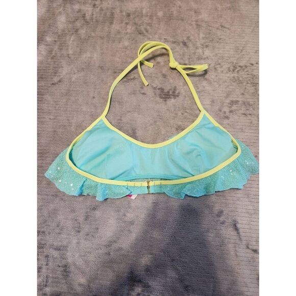 Victoria Secret Sequin Flounce Halter Swimsuit Bikini Top Size S Teal Blue - Picture 2 of 3